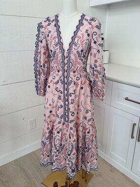 Marchesa Rosa Pink & Lavender Embroidered Midi Dress Size 2 Romantic Boho Lace